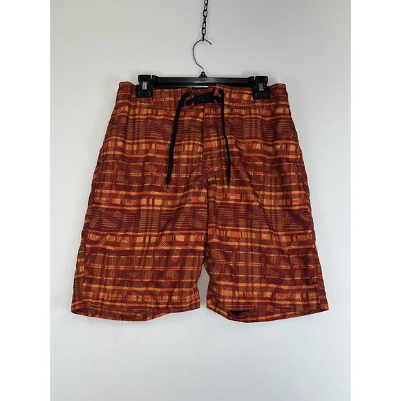 Old Navy Board Shorts Mens Small Red Orange Plaid Swim Trunks Drawstring Summer - Picture 1 of 6